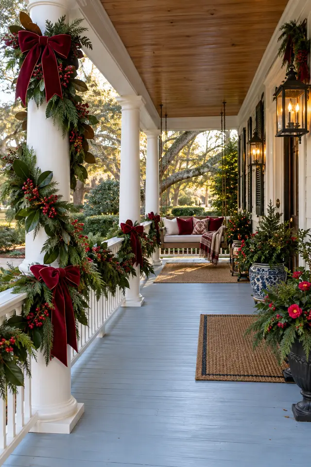 Southern Christmas porch with magnolia garlands and velvet bows