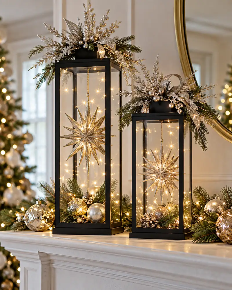 Lantern decor ideas for Christmas with black starburst lanterns