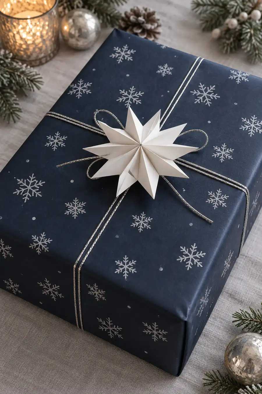 Navy Christmas gift with silver snowflakes and white star topper.