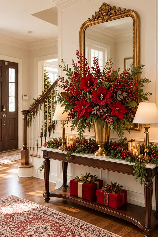 Poinsettia arrangement on a Christmas entry console