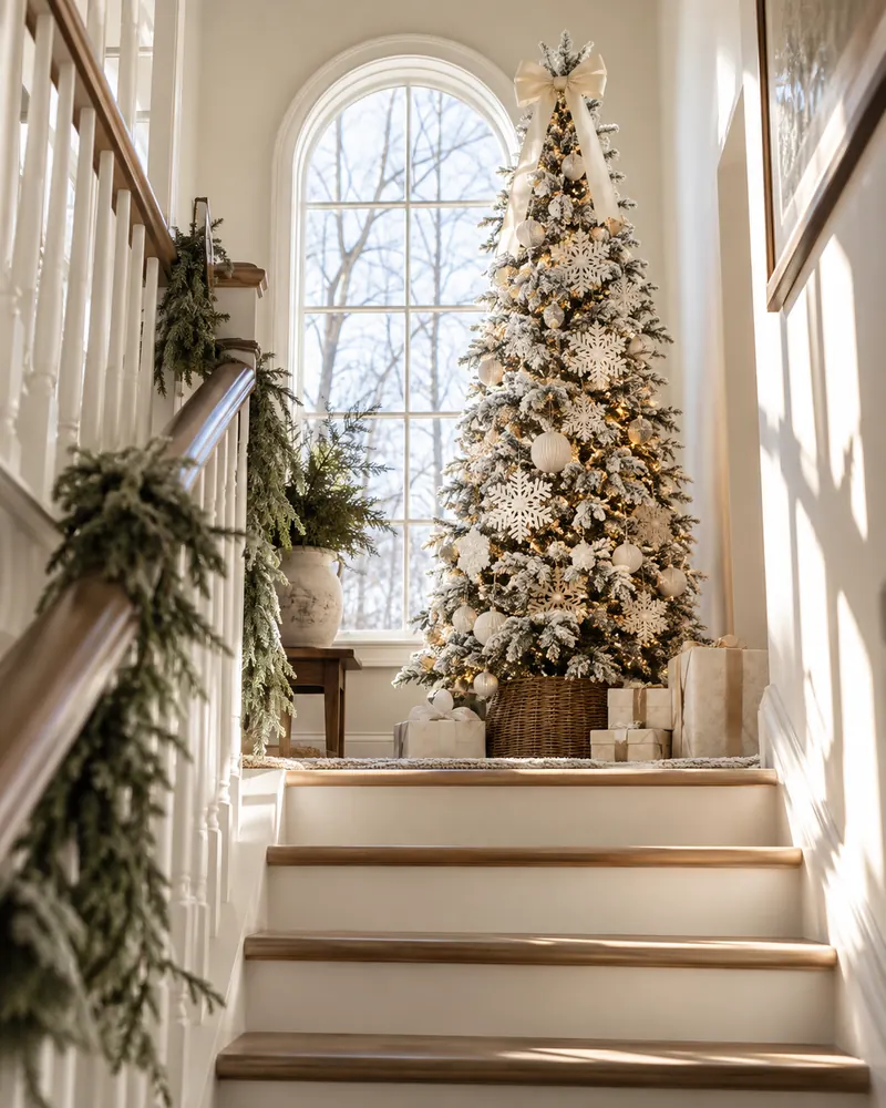 Flocked Christmas tree on a wide stair landing