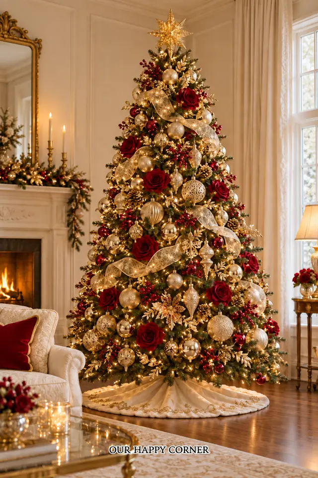 Gold Christmas tree with crimson flowers and champagne mesh ribbon