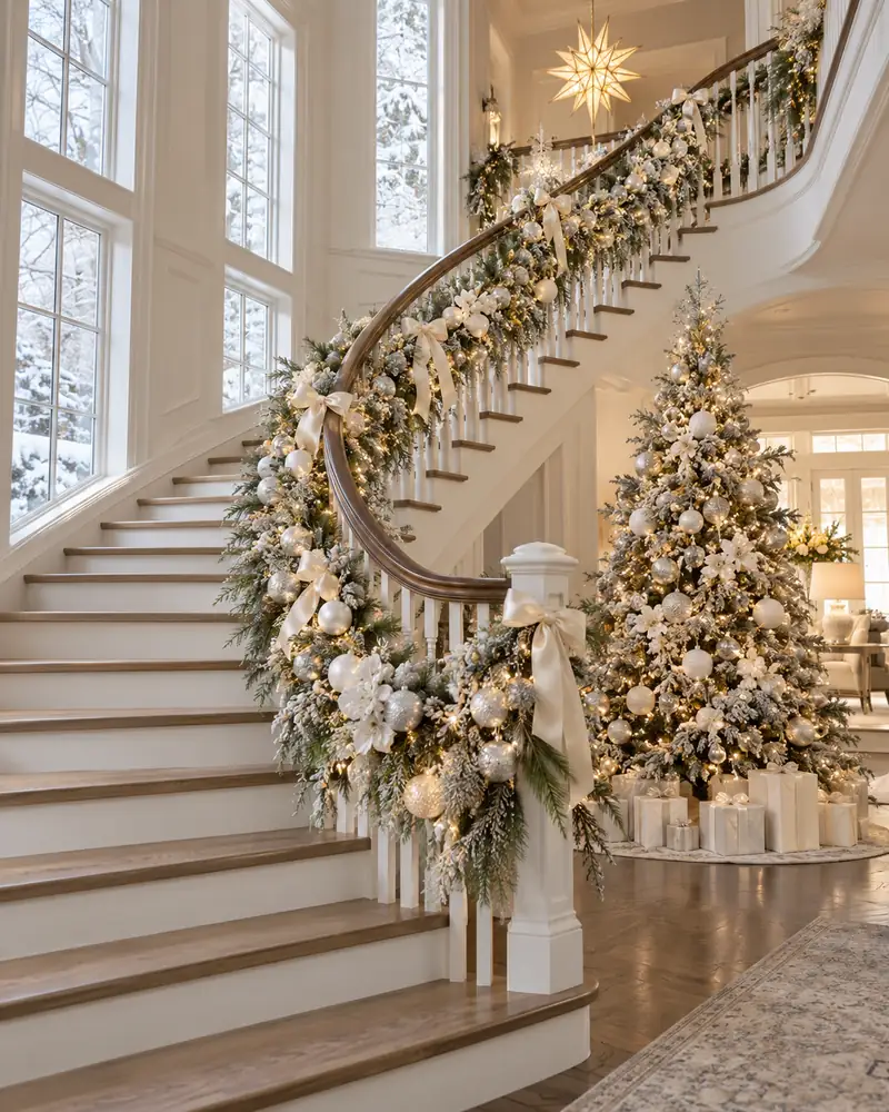 Lavish flocked garland and tree beside a staircase