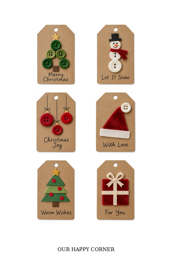 Handmade Christmas tags using buttons, cut paper, and red velvet scraps.