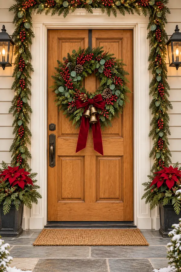 Front door wreath with red berries and velvet ribbon