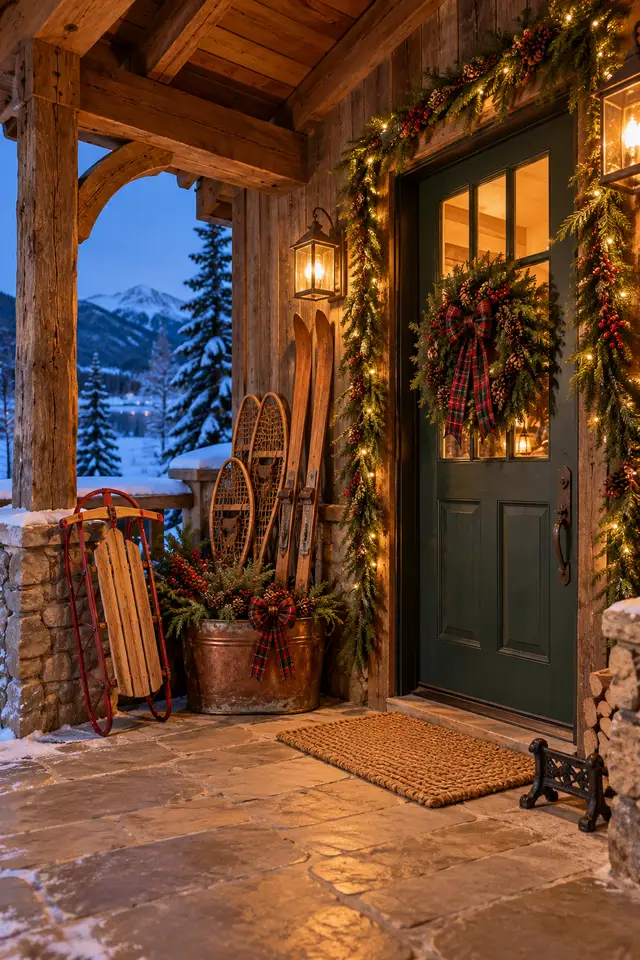 Rustic Christmas porch with wooden skis and evergreen wreath