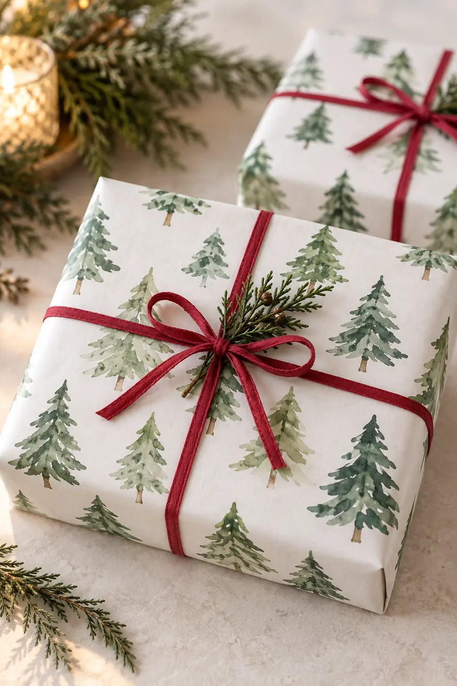 White wrapping paper with watercolor Christmas trees and red ribbon.