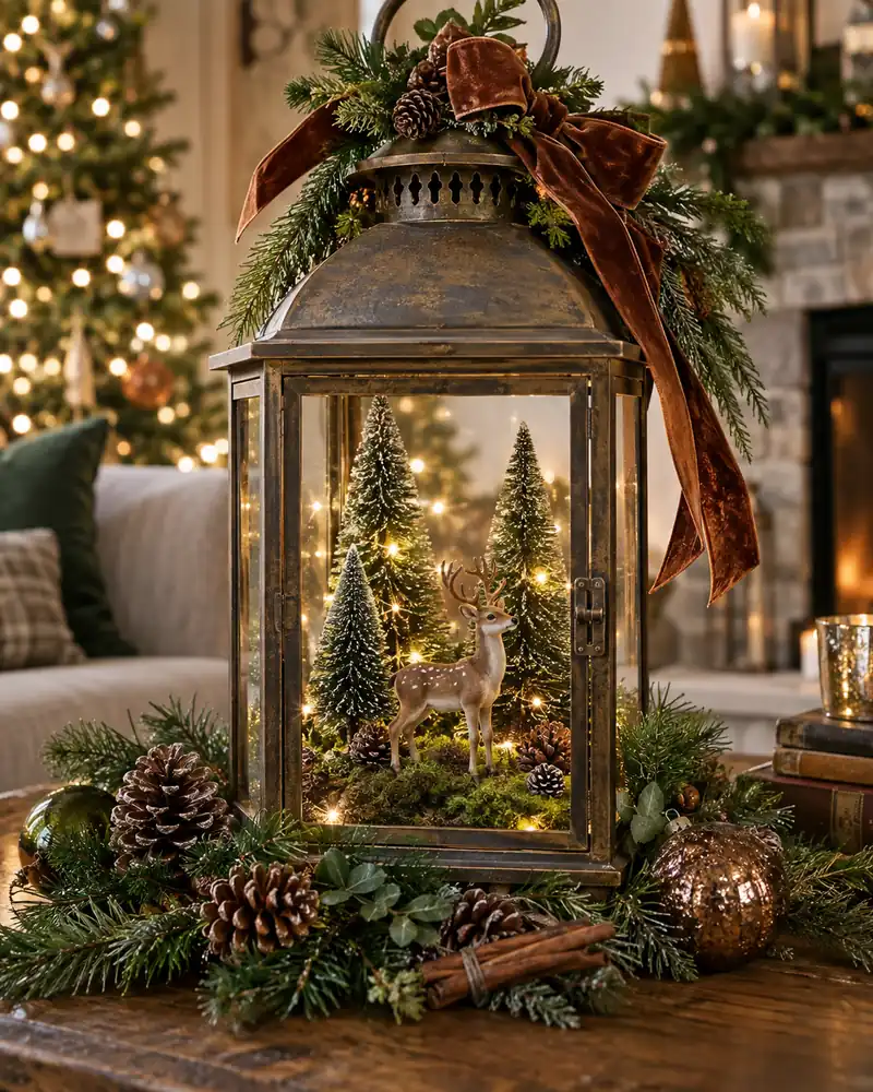 Woodland Christmas lantern with deer, moss and miniature trees