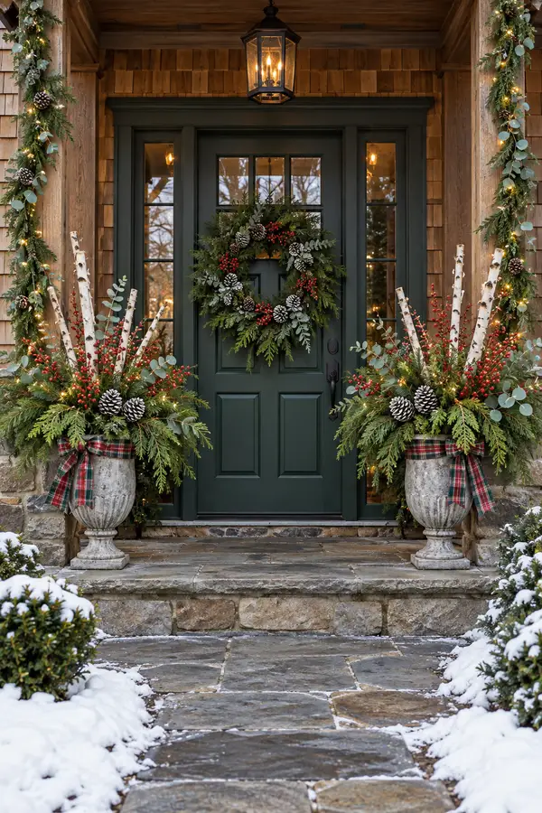 Evergreen porch urns filled with white birch branches