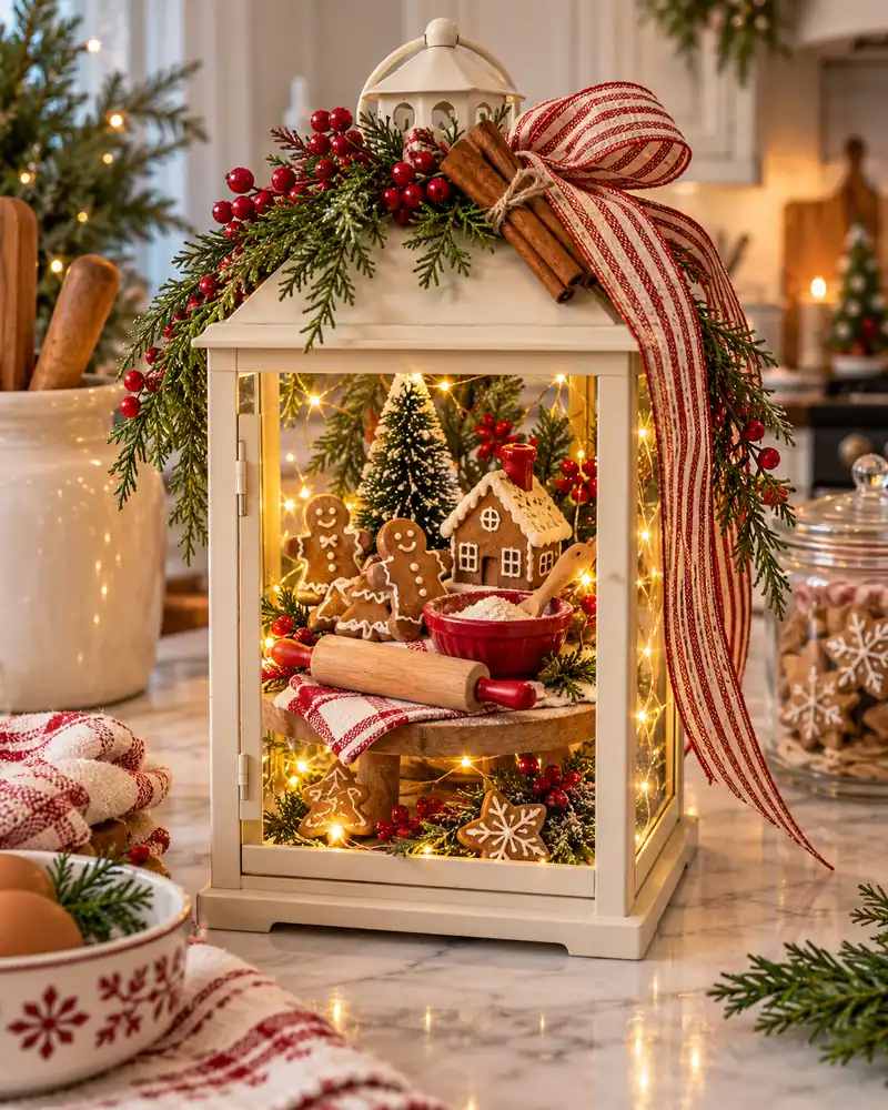 Christmas baking lantern with miniature gingerbread and rolling pin