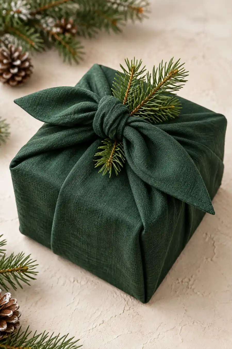 Green fabric-wrapped Christmas gift tied with a pine sprig.
