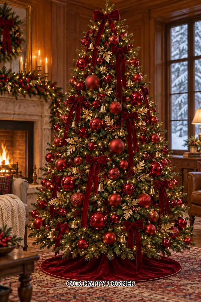 Red and gold Christmas tree decorating ideas with glossy red baubles