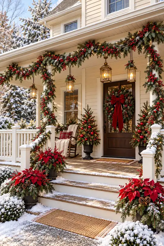 Snowy Christmas porch with red poinsettias and garlands