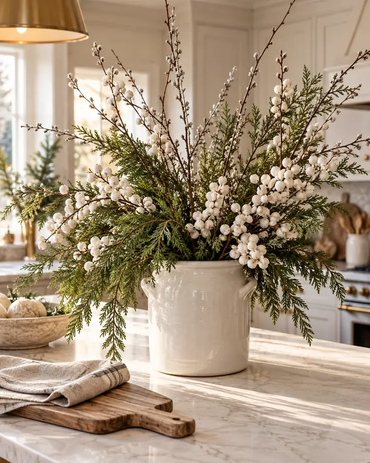 Winter berry branches in a white kitchen vase