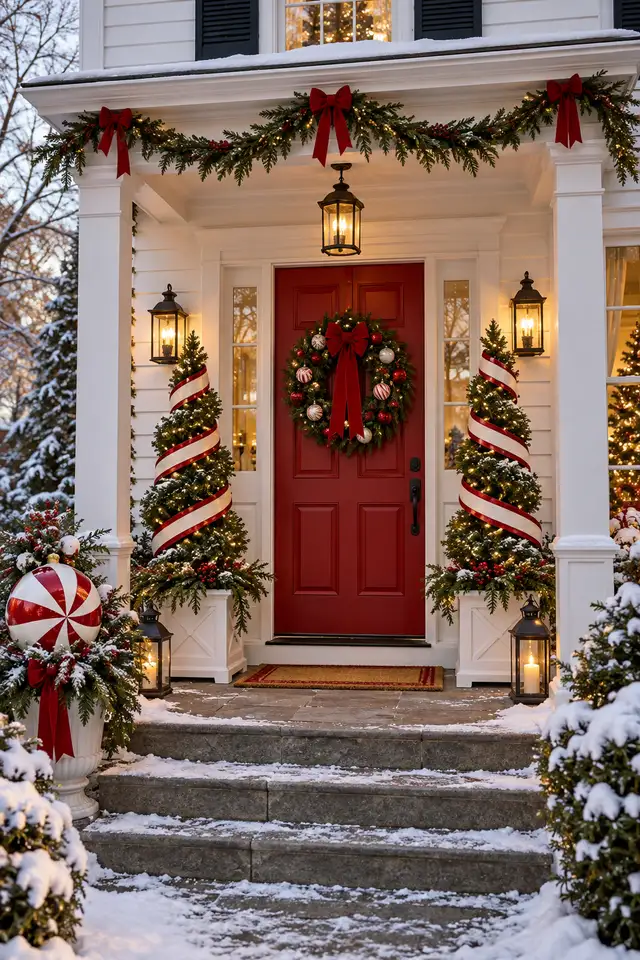 Christmas porch with candy cane ribbon trees and a red door
