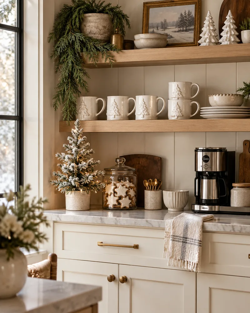 Small white Christmas tree beside coffee mugs