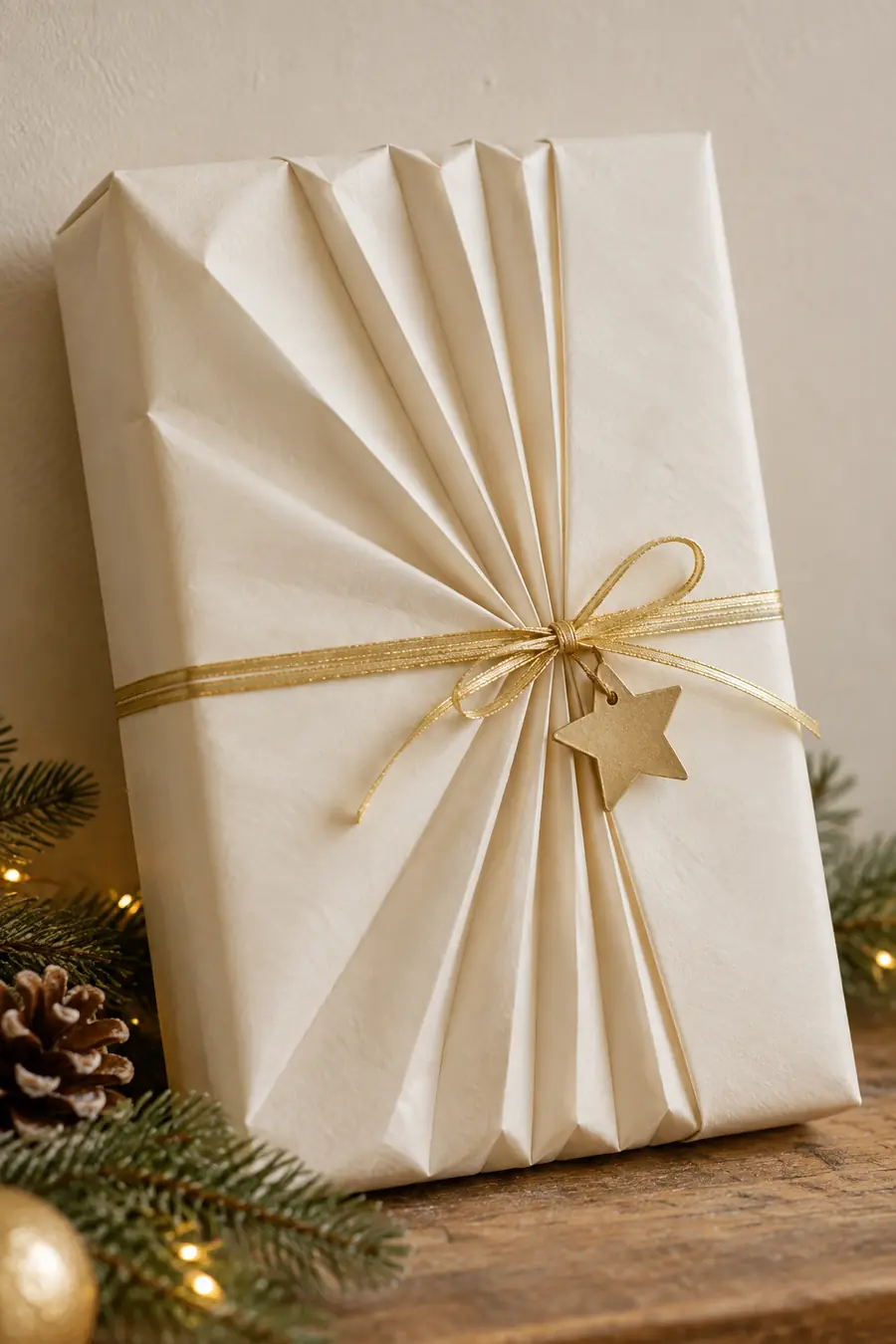 Cream gift wrap with folded paper pleats and gold ribbon.
