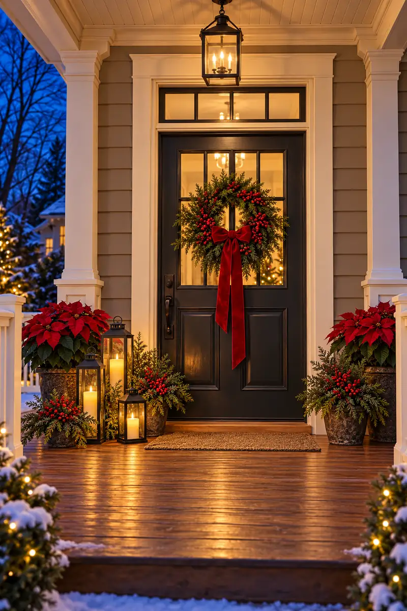 Christmas porch with red wreath and glowing lanterns