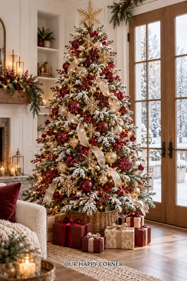 Flocked Christmas tree with red berries, gold snowflakes, and champagne ribbon
