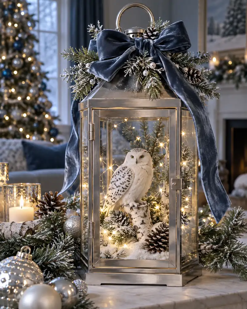 Snowy owl with birch perch and blue ribbon