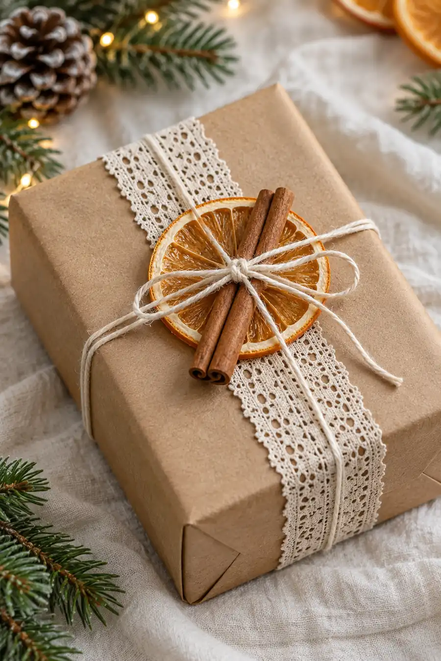 Kraft gift wrap topped with dried orange and cinnamon sticks.
