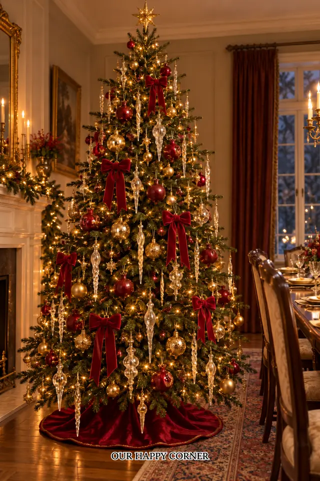 Christmas tree with long gold icicles, red bows, and glass ornaments