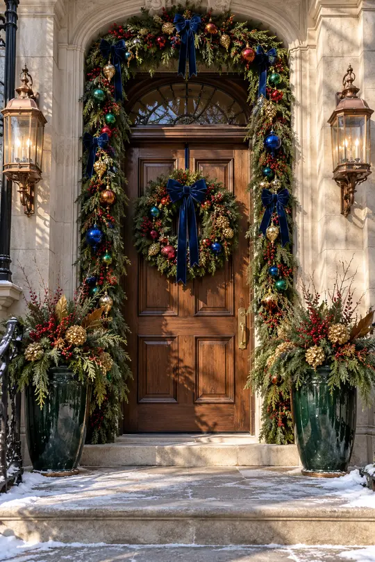 Christmas porch decor ideas with sapphire and ruby ornaments
