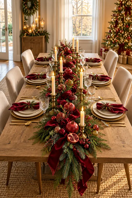 Christmas dining table with red garland and gold accents