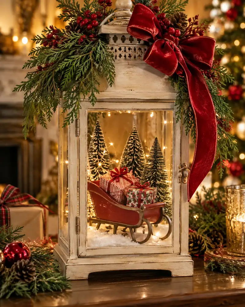 Miniature red sleigh in a snowy
