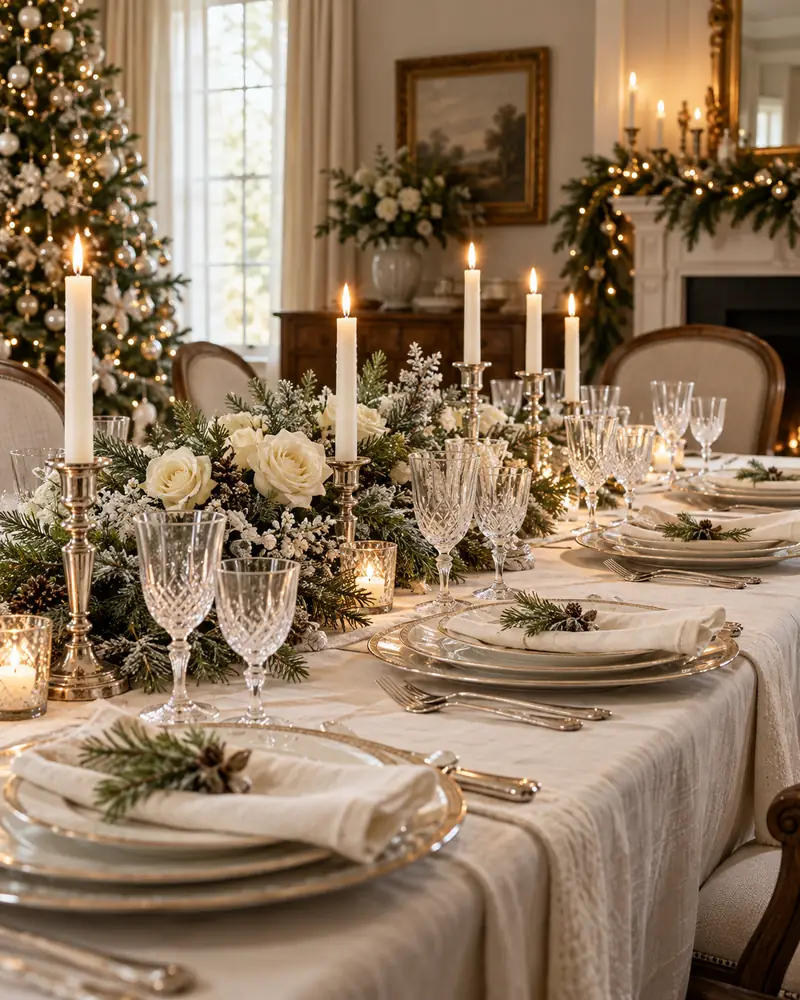 White Christmas table with silver details and candles