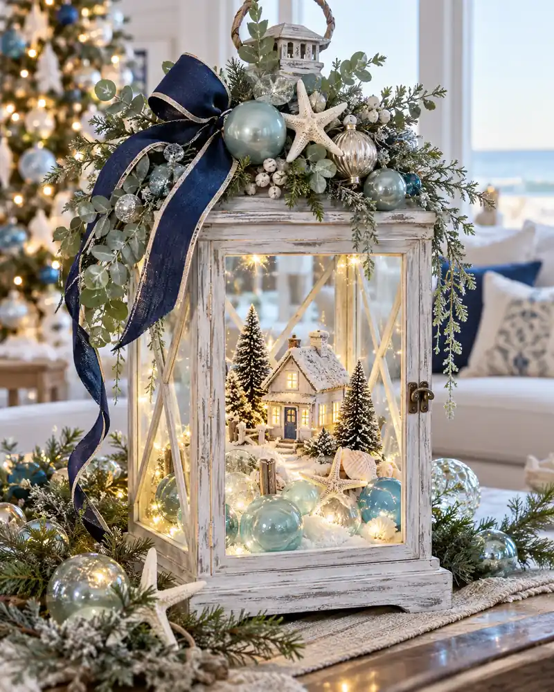 Coastal with navy ribbon and sea glass ornaments