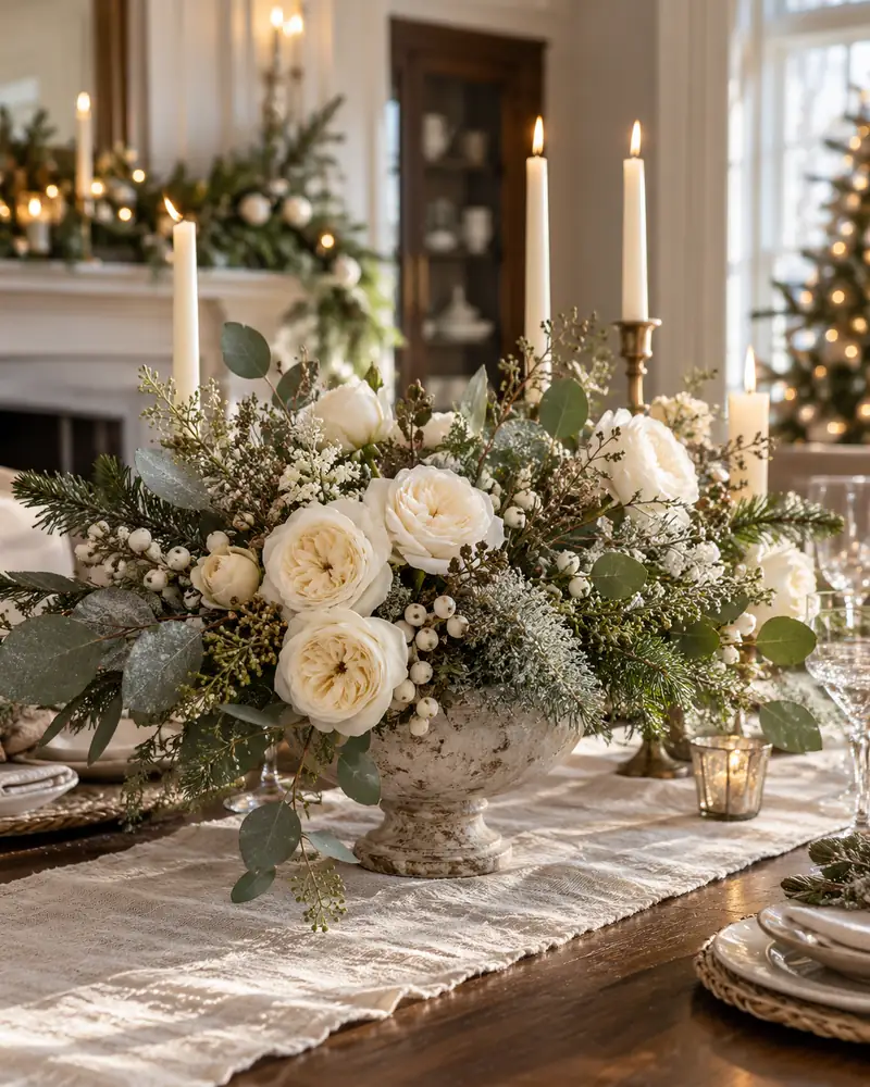 White roses and eucalyptus Christmas centerpiece