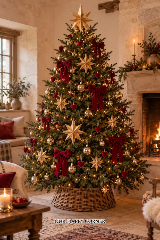 Christmas tree with folded gold paper stars and red velvet bows