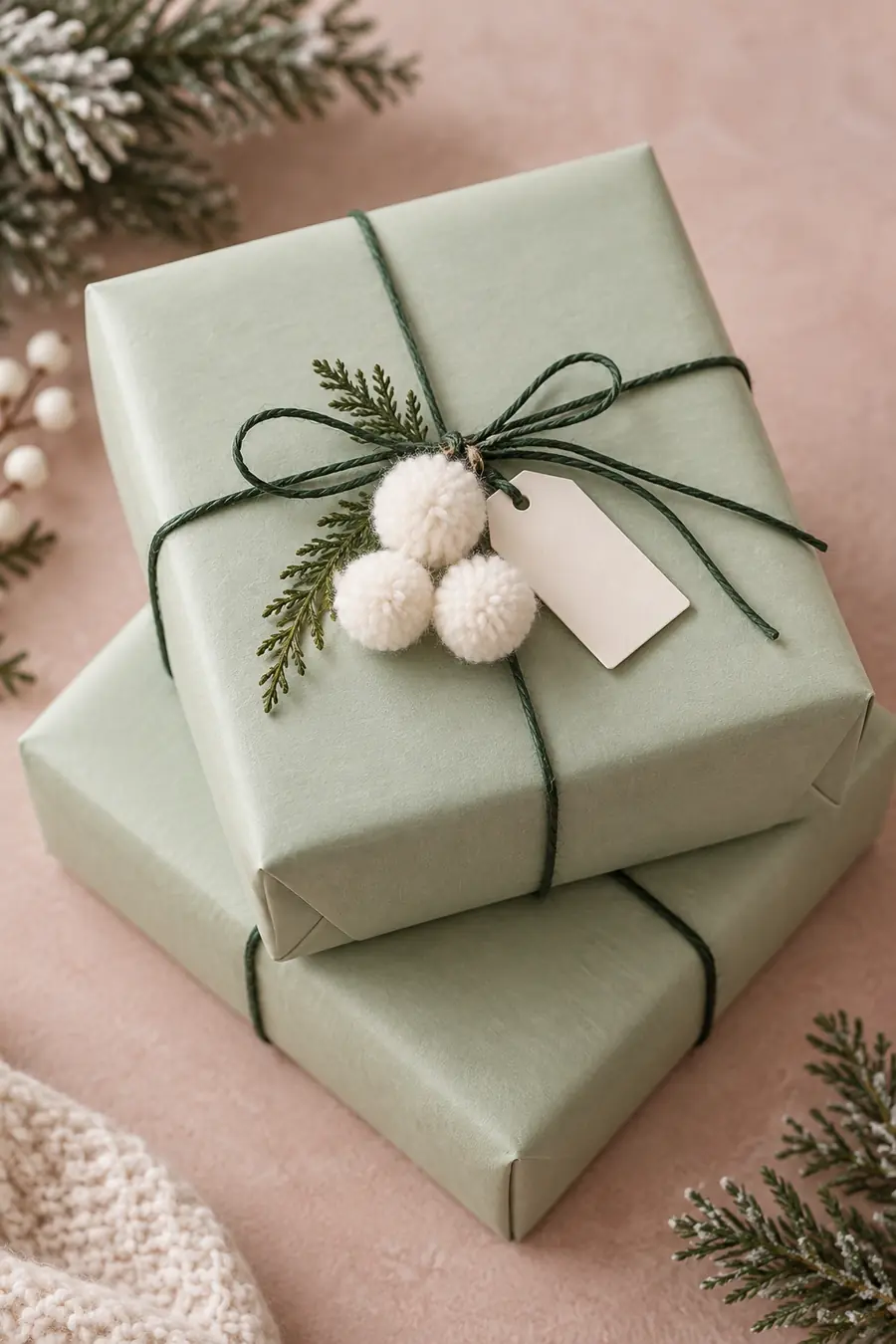 Mint green Christmas gifts decorated with white yarn pom-poms.