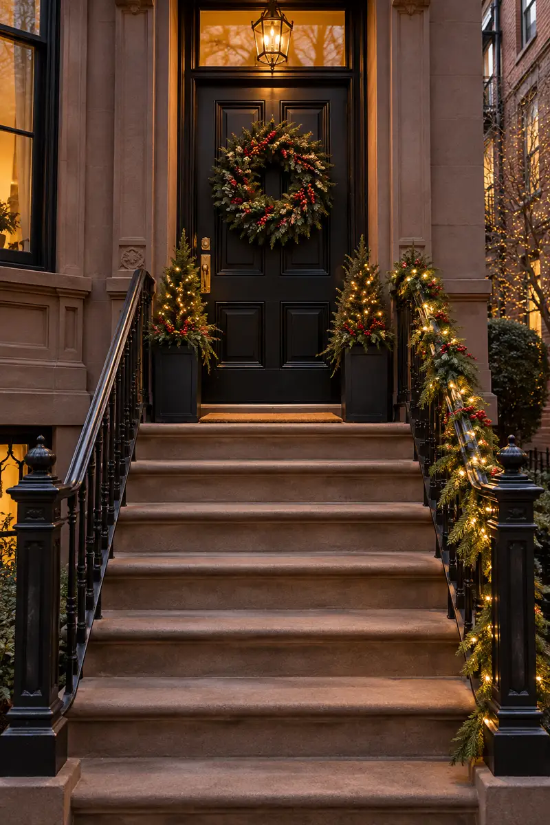Narrow Christmas stoop with lit rail garland and wreath