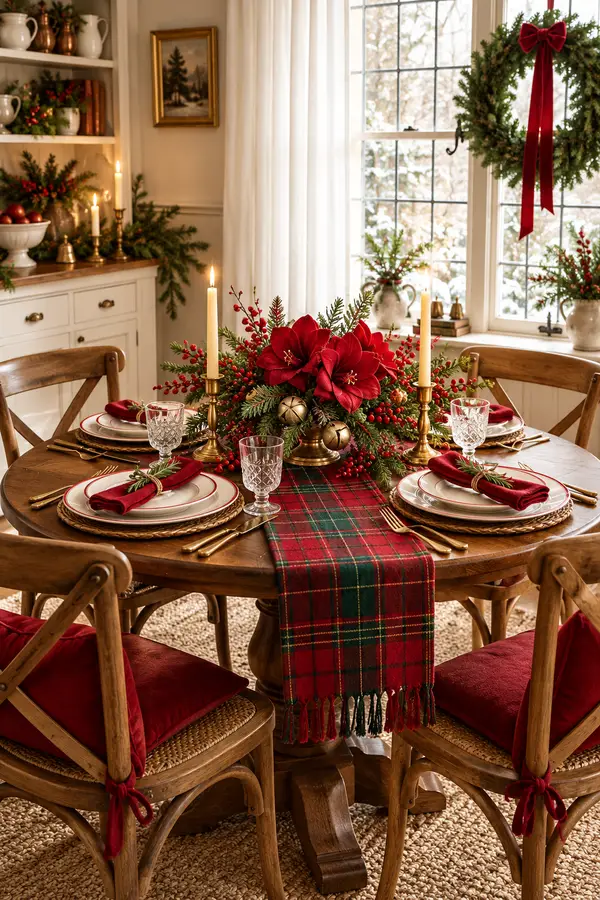 Round Christmas table set with red tartan runner