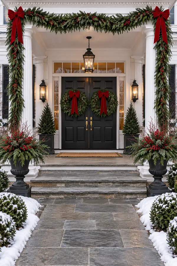 Colonial porch with twin wreaths and oversized red bows