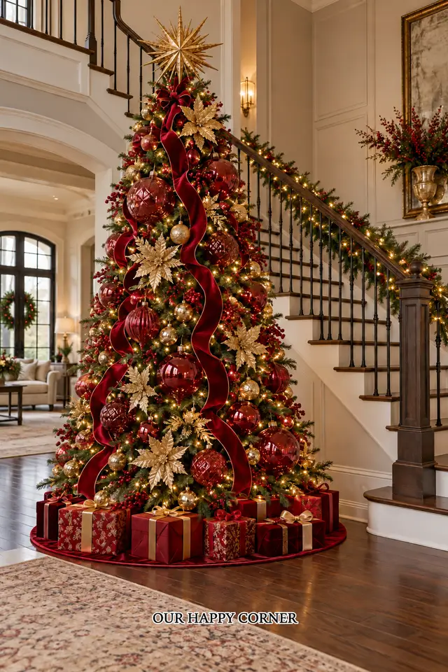 Red and gold Christmas tree decorating ideas beside a garland-lined staircase