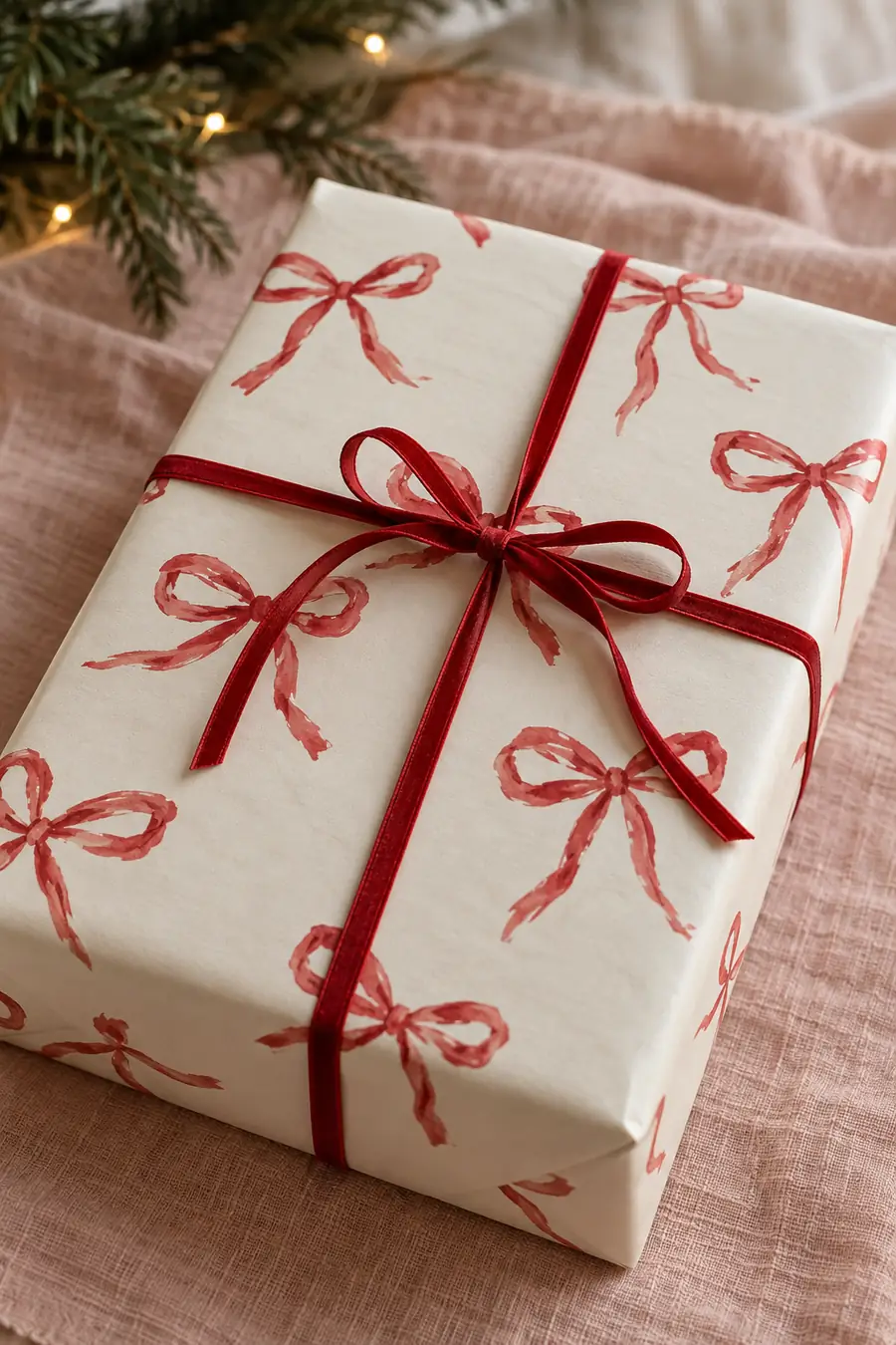 Ivory Christmas wrapping paper painted with little red bows.