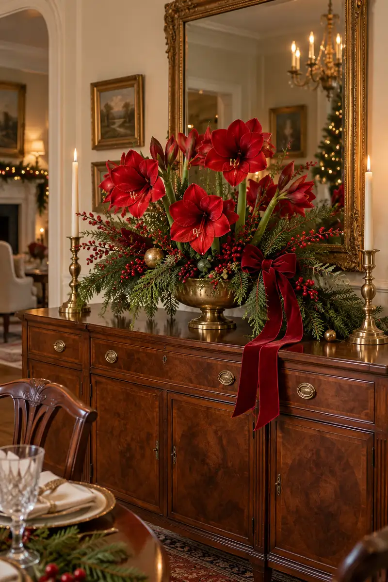 Red amaryllis centerpiece in a brass bowl