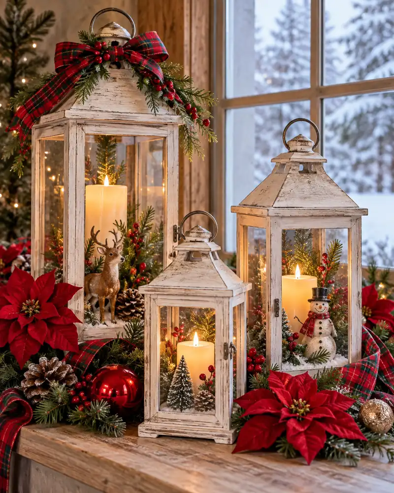 Three farmhouse Christmas lanterns styled with tartan and poinsettias