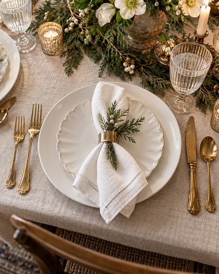 White and gold Christmas place setting with greenery