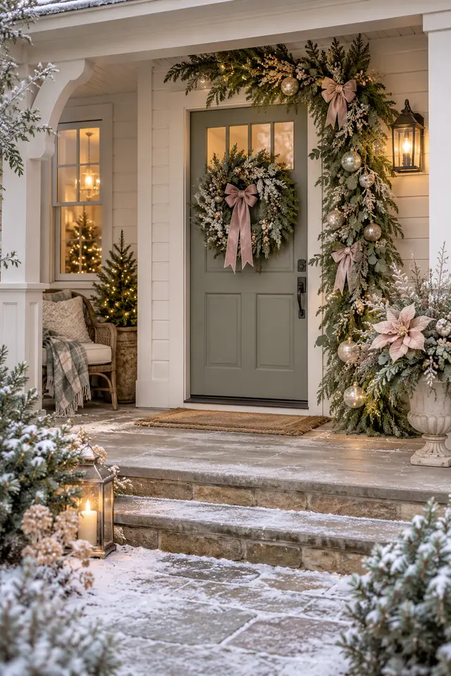 Christmas cottage porch with blush ribbon and frosted greenery