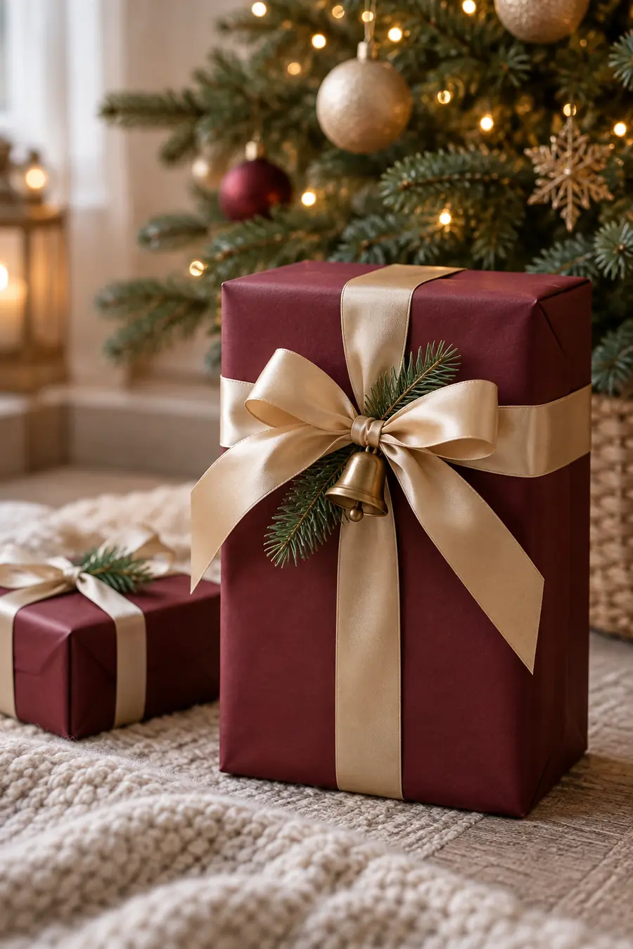 Burgundy Christmas gift with champagne ribbon and bell.