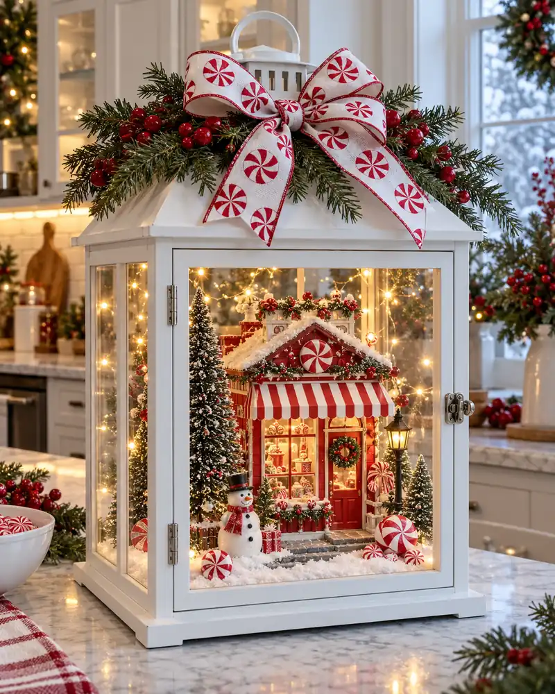 Peppermint themed lantern with striped miniature Christmas shop