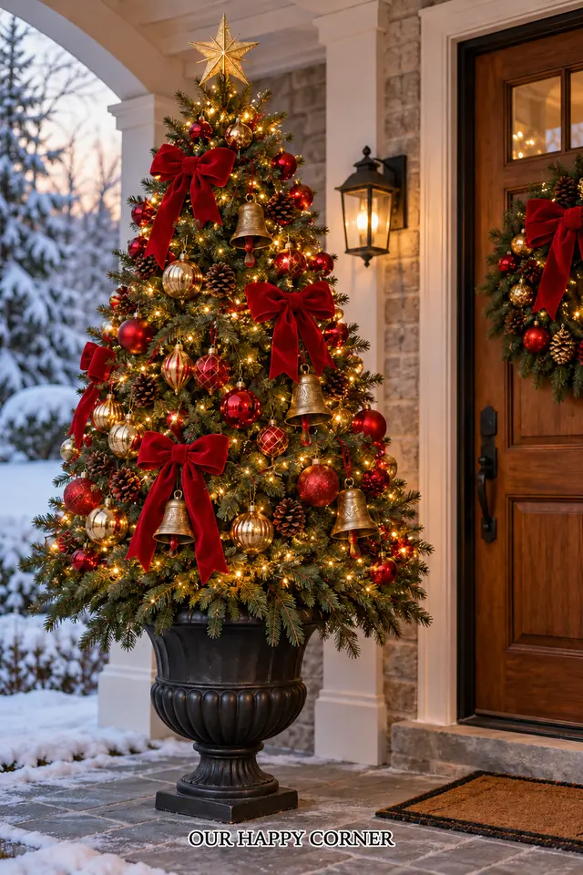 Porch Christmas tree in a black urn with red bows and gold bells
