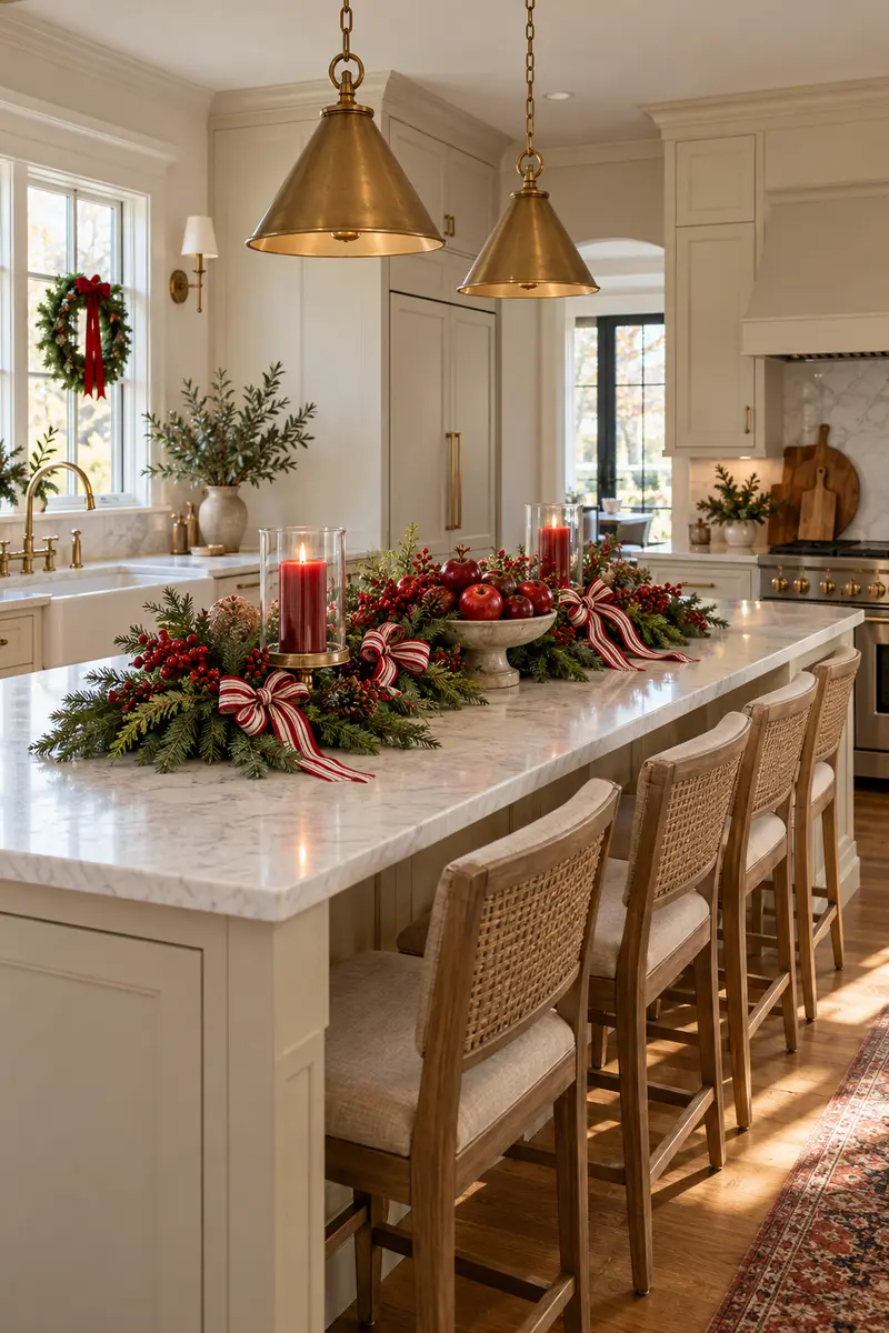 Kitchen island decorated with red berries and greenery