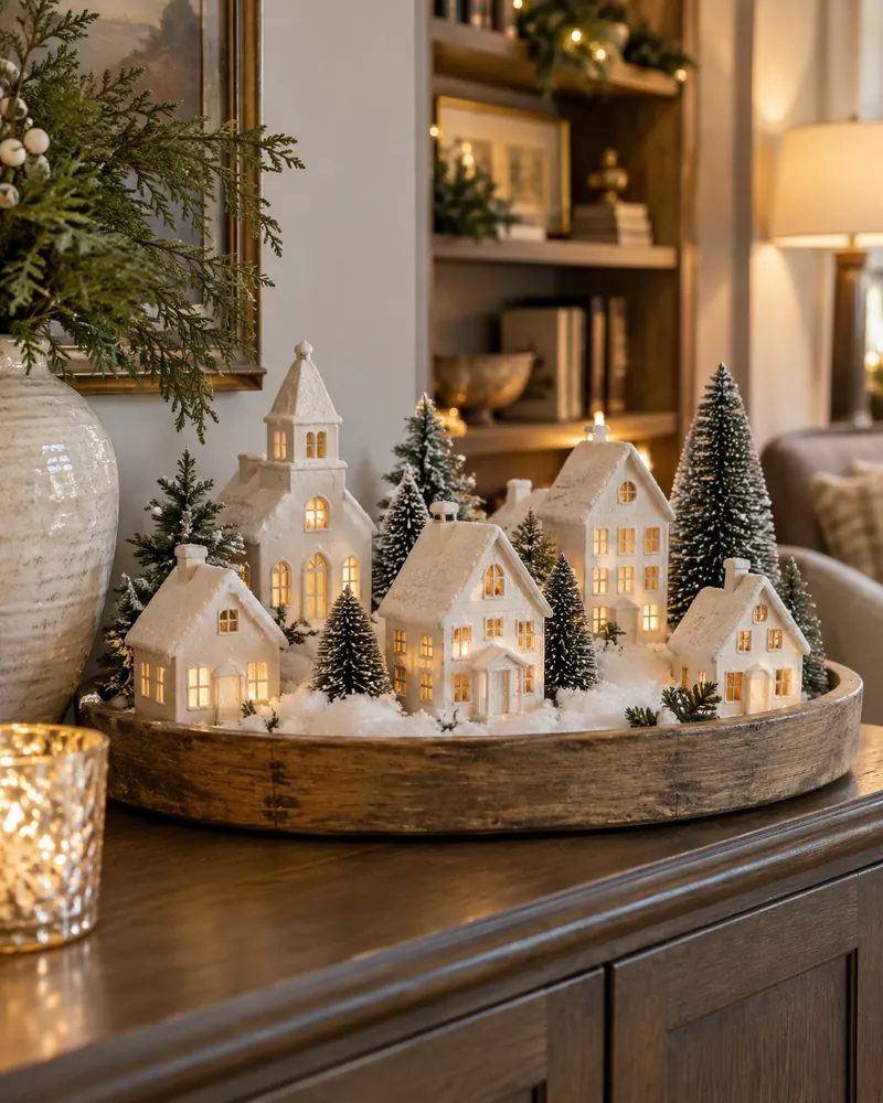 Miniature white Christmas village on a wooden tray