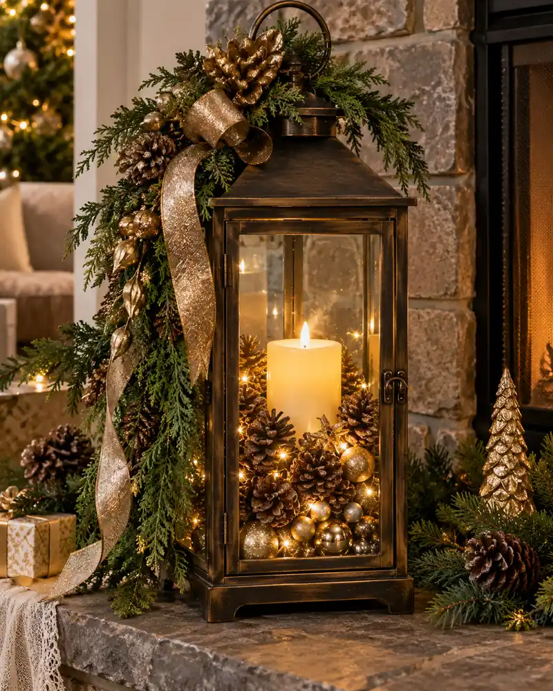 Bronze Christmas lantern glowing among pinecones and gold greenery