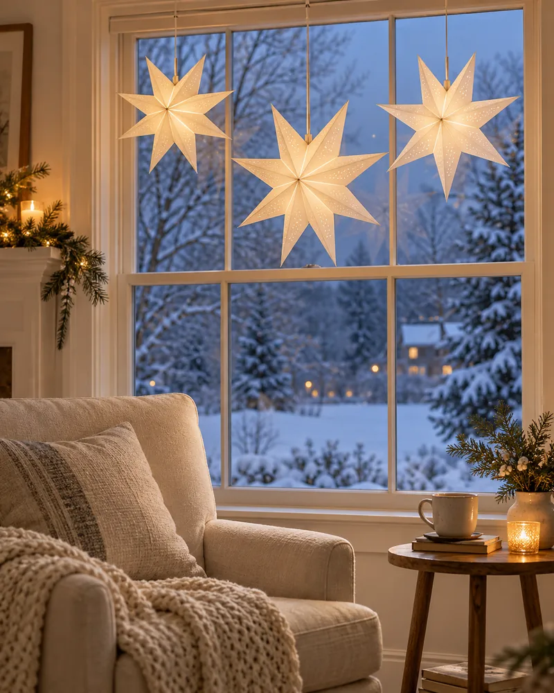 White Christmas decor ideas with high window stars